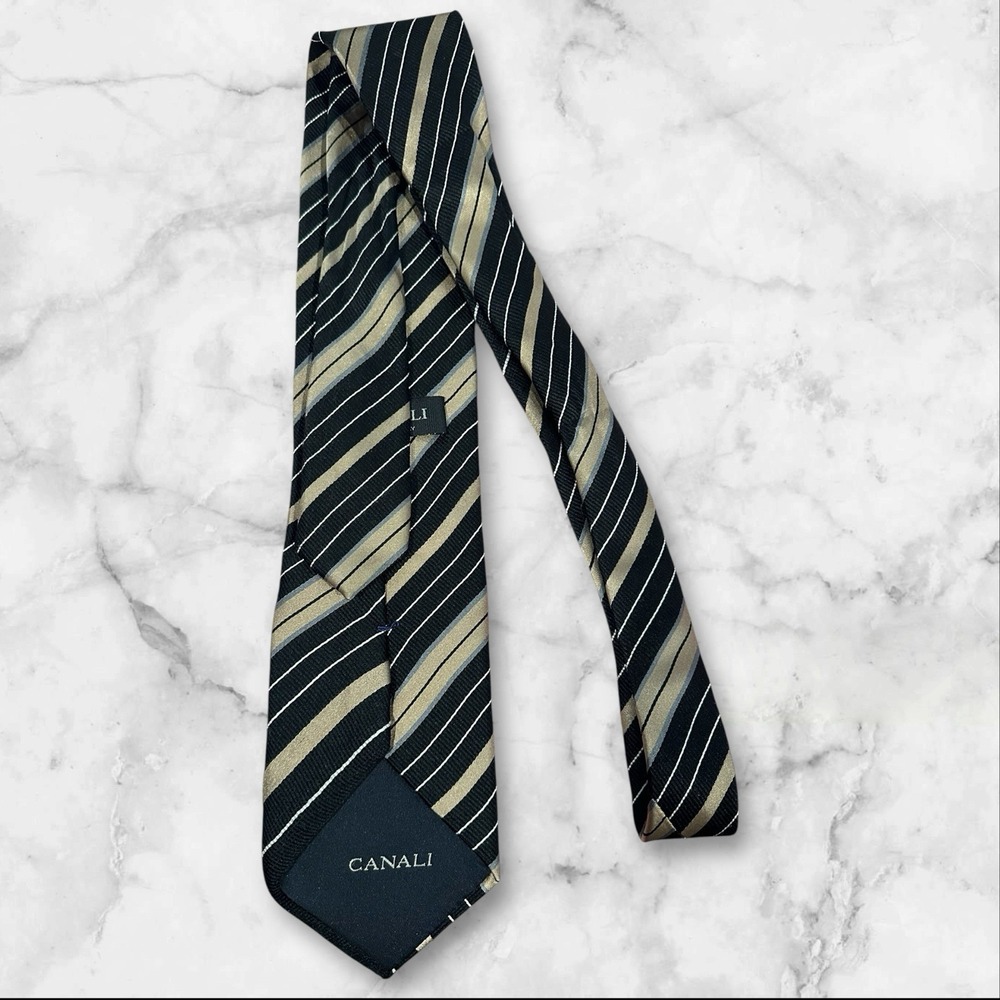 CANALI BLACK STRIPED DESIGN 100% SILK NECK TIE - Picture 3 of 4